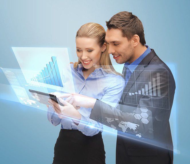 two business people working with virtual screen