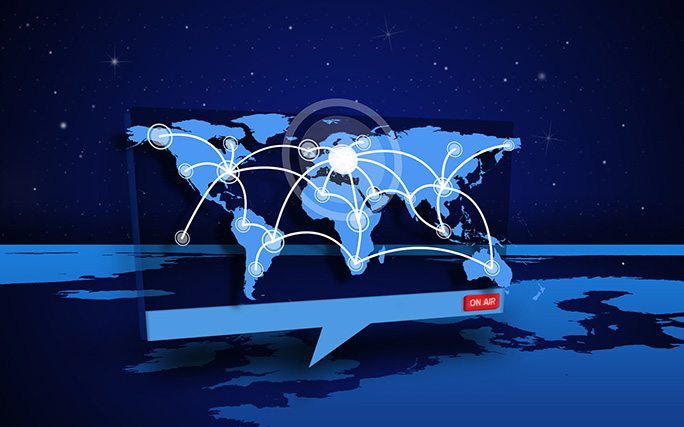 Digital speech box showing world connections coming from world map in blue